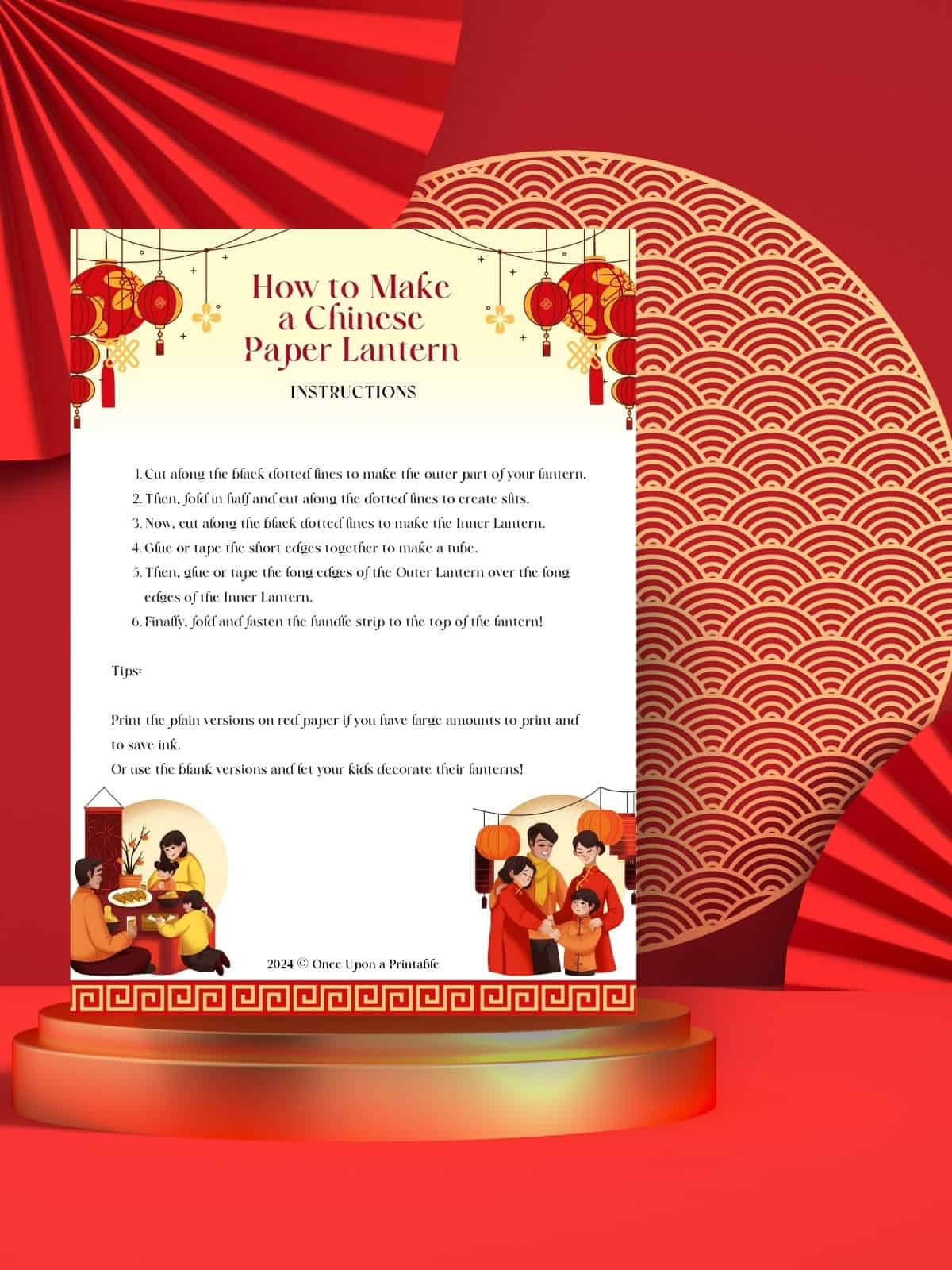 How to make a chinese paper lantern instructions page sitting on a golden base with red paper fans in the background.