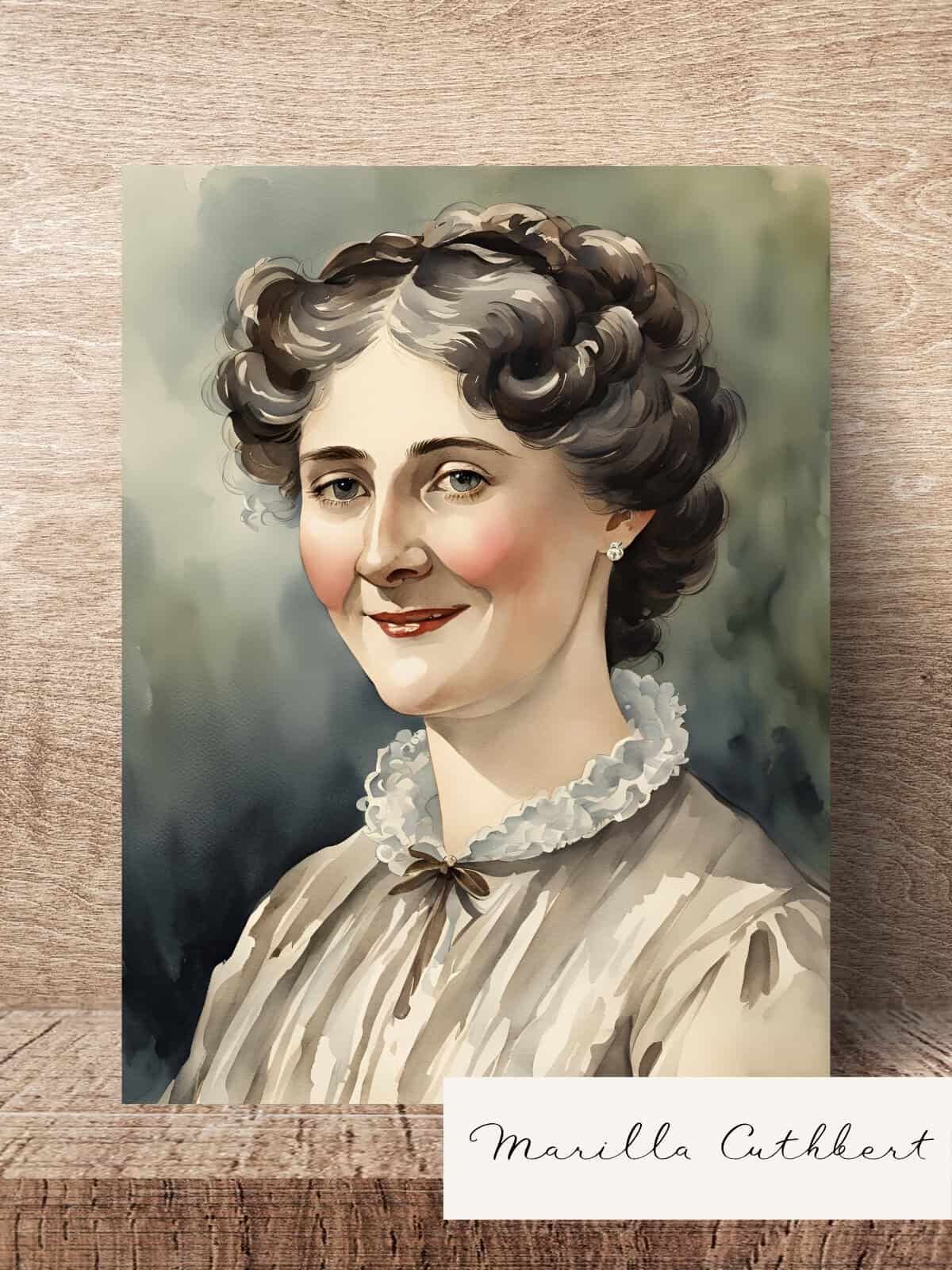 Marilla Cuthbert watercolor illustration sitting on a wooden table.
