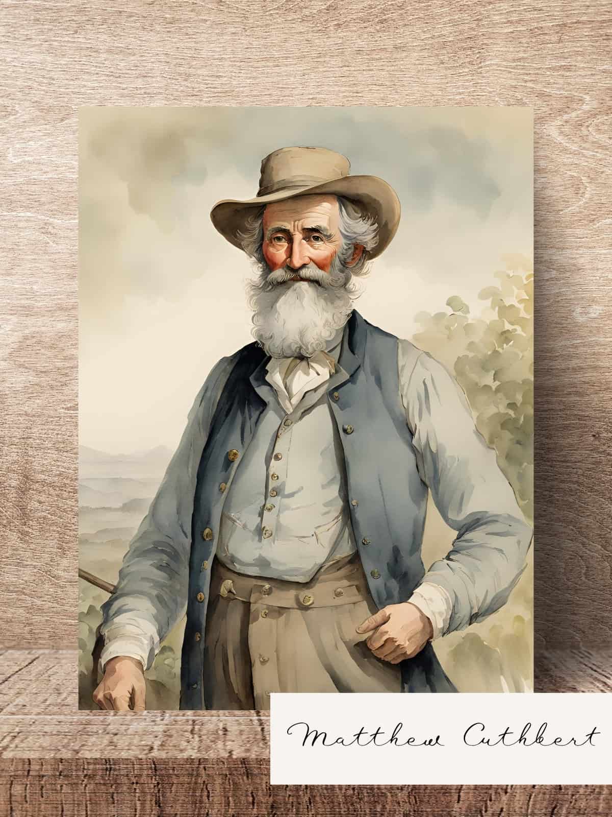 Matthew Cuthbert watercolor illustration sitting on a wooden table.