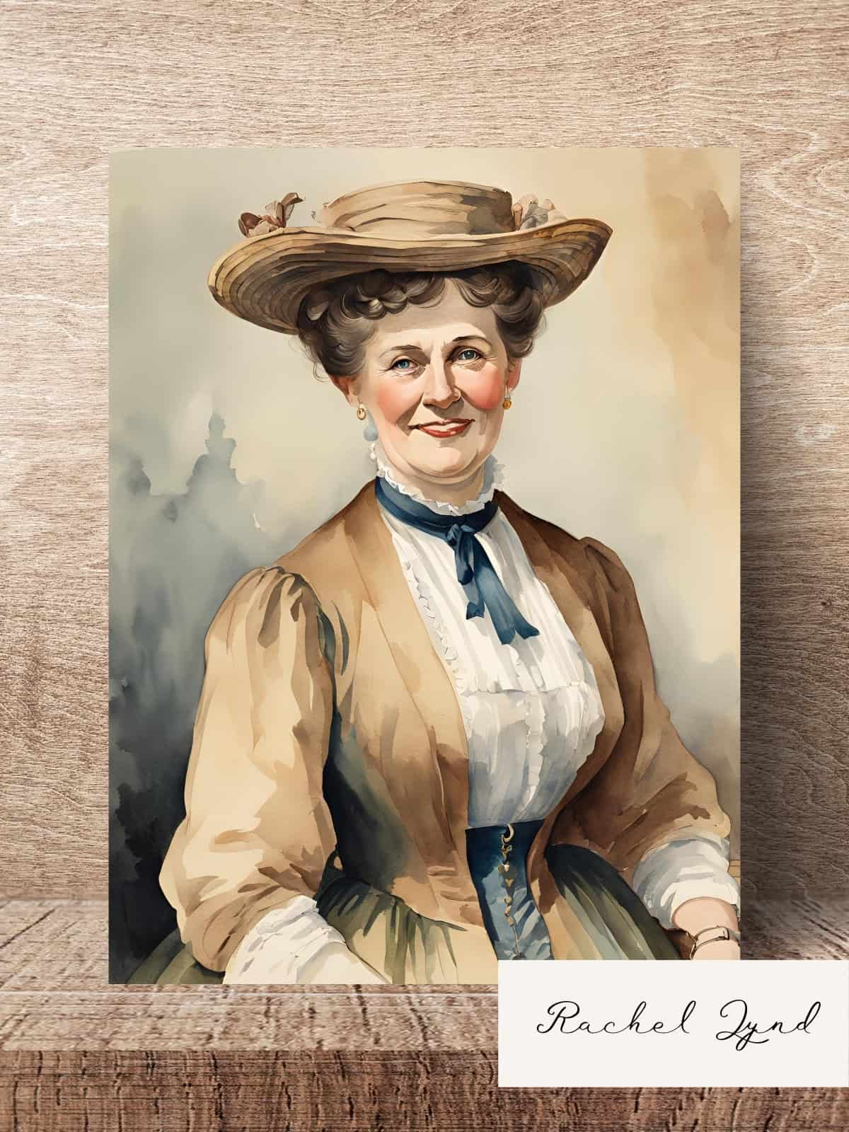 Rachel Lynd watercolor illustration sitting on a wooden table.