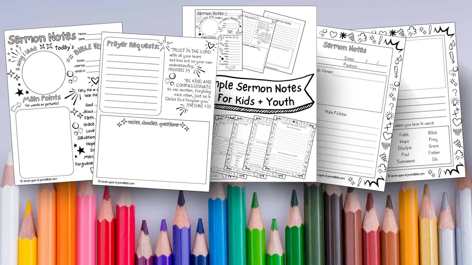 Sermon notes coloring pages for kids of all ages laying on top of a coloring pencil background.
