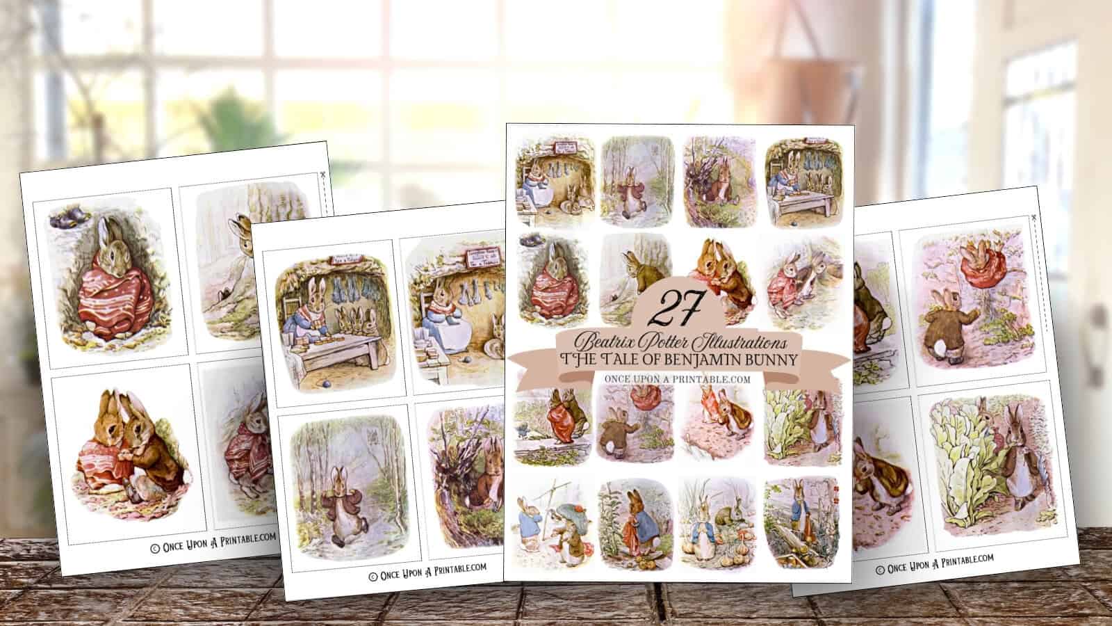 The Tale of Benjamin Bunny illustrated wall art printables laying out in a sunny room.
