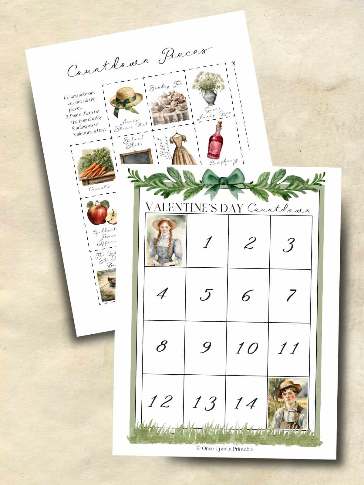 Anne of green gables valentine's day advent countdown with colorful game pieces.