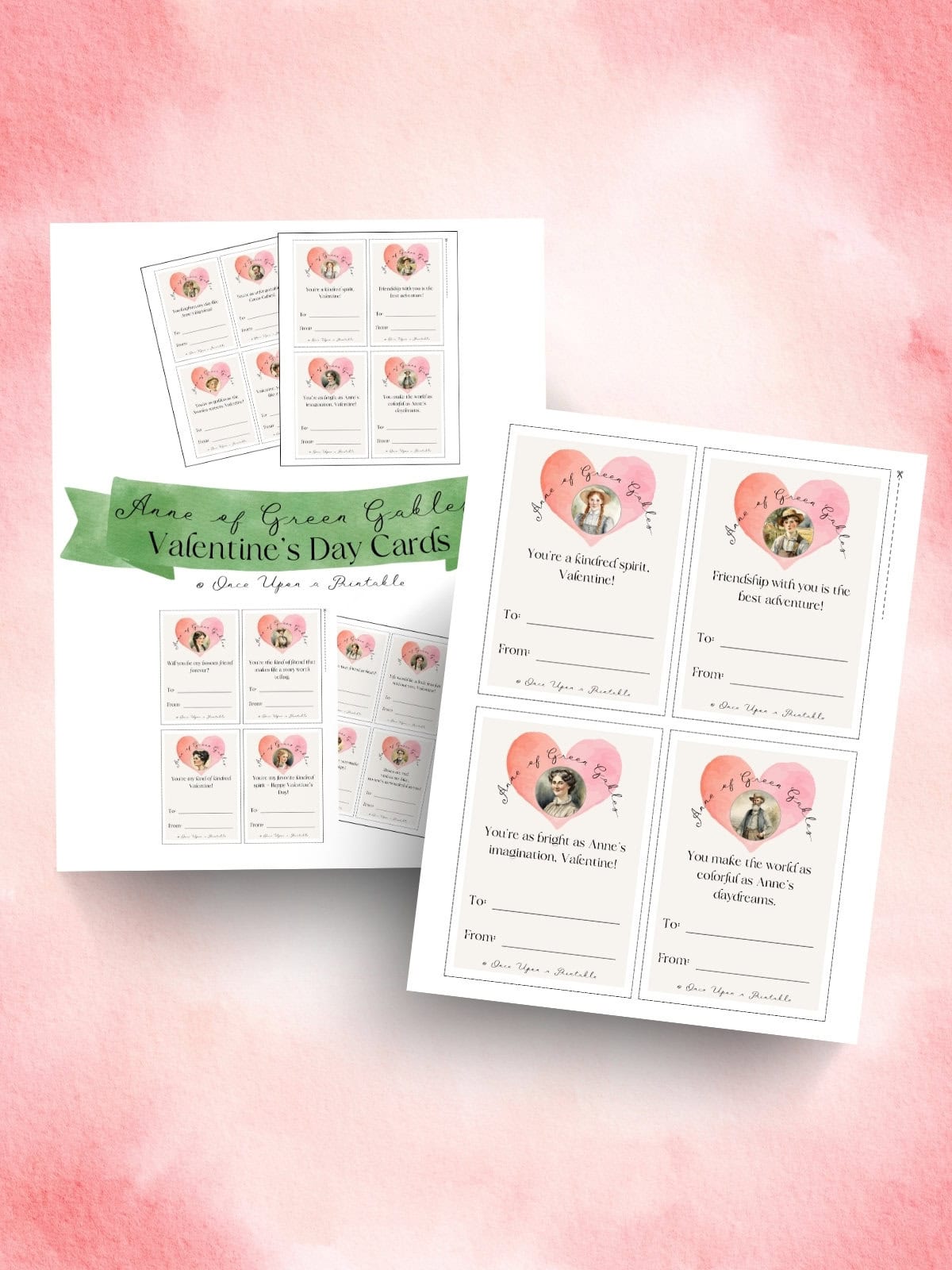 Valentine's day cards inspired by Anne of Green Gables laying on a pink gradient to white background