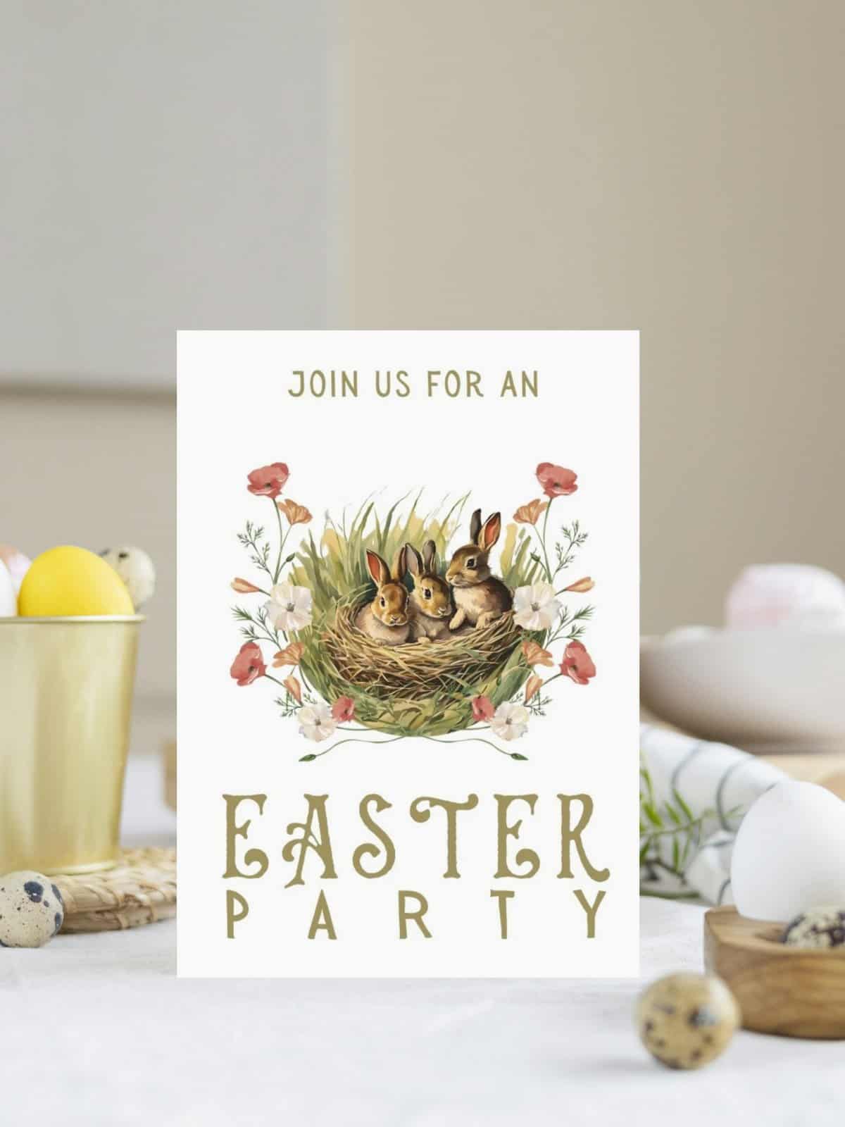 Bunny nest for Easter party invitation card printable.