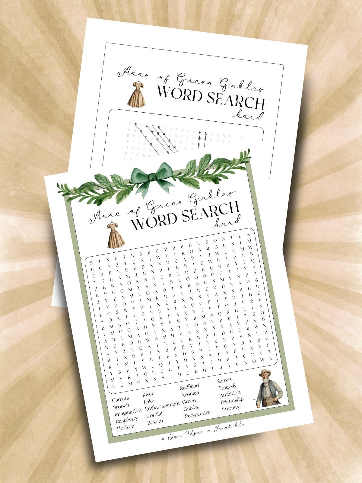 Hard Anne of Green Gables word search and answer key with matthew cuthbert and a dress with puffed sleeves.