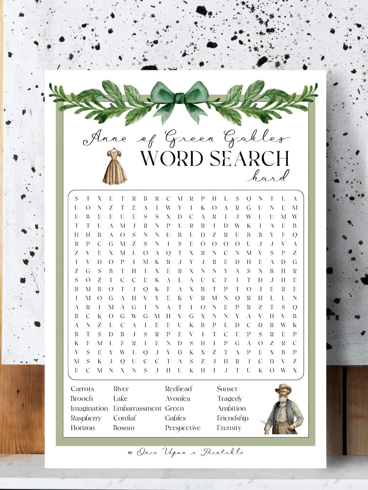 Matthew Cuthbert crossword puzzle with a dress with puffed sleeves leaning on a speckled wall.