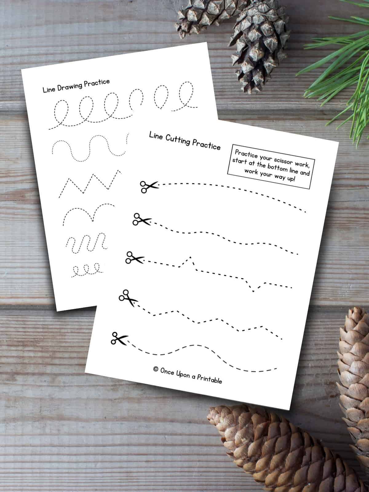 Printable worksheets with line cutting practice and line tracing practice.
