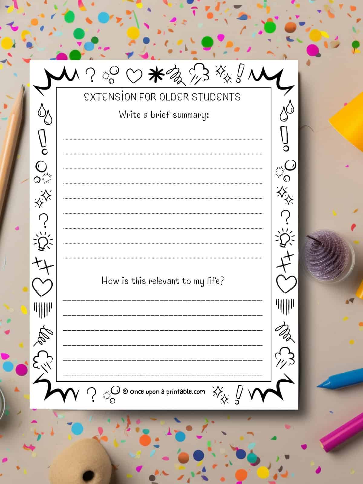 Sermon notes for kids pages with the extension page for older kids, prompt questions, laying with art supplies.