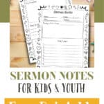 First two pages of the 5 page collection of coloring pages that are sermon notes for kids laying on a wooden table with coloring pencils.