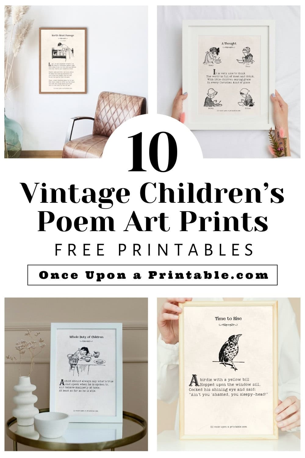 Vintage Children's poem art prints in frames displayed.
