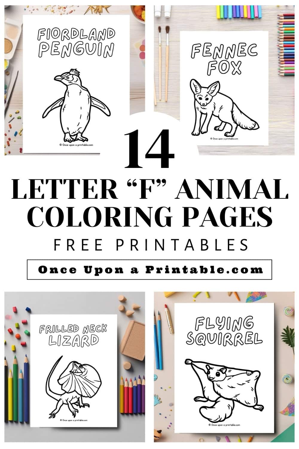 Letter F animal coloring pages laying on tables with coloring supplies. 