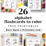 24 Alphabet flashcards to color laying on tables with coloring pencils.
