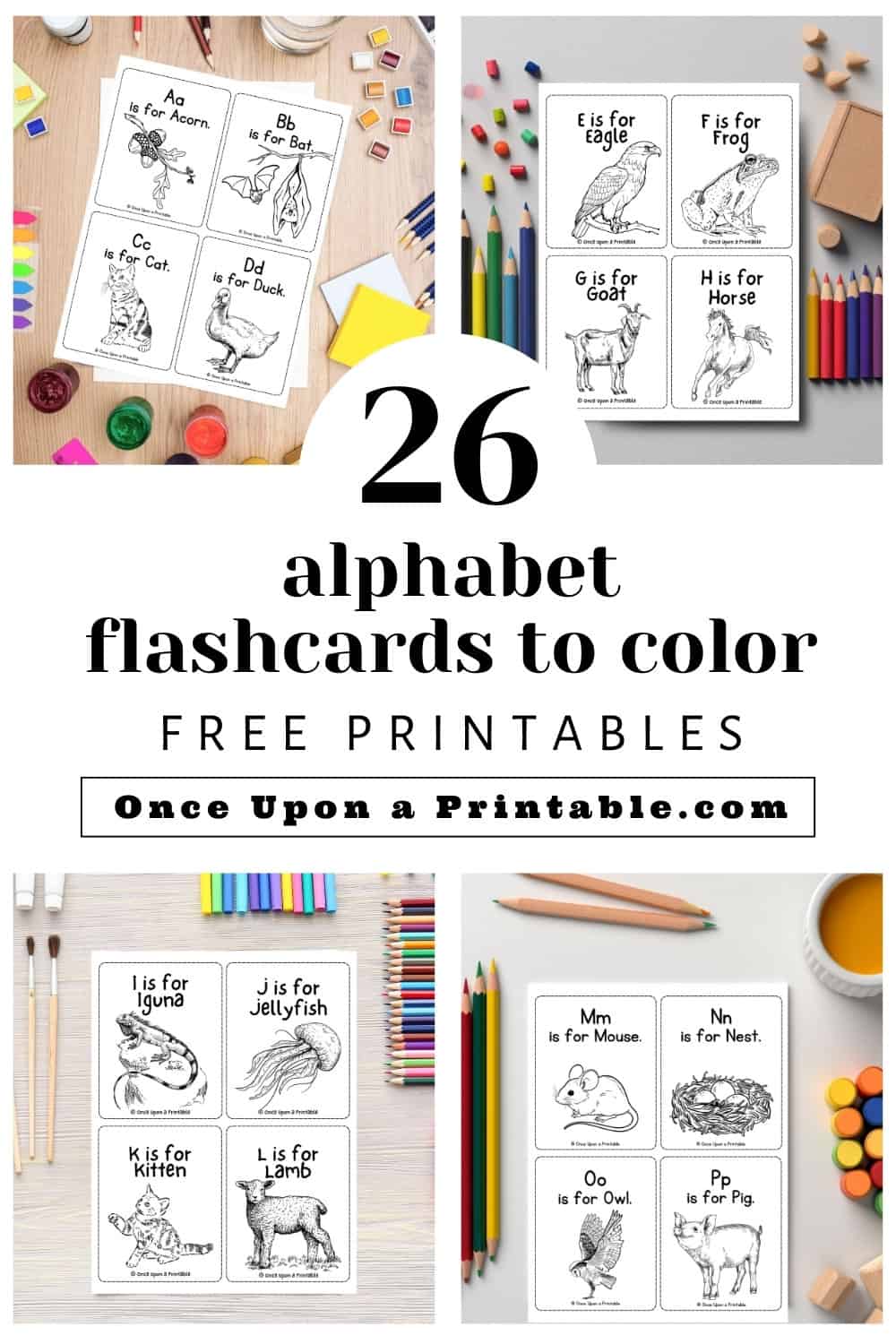 24 Alphabet flashcards to color laying on tables with coloring pencils.