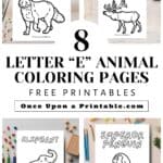 Letter E animal coloring pages: ezo red fox, elk, elephant, and emperor penguin laying on tables with coloring supplies.