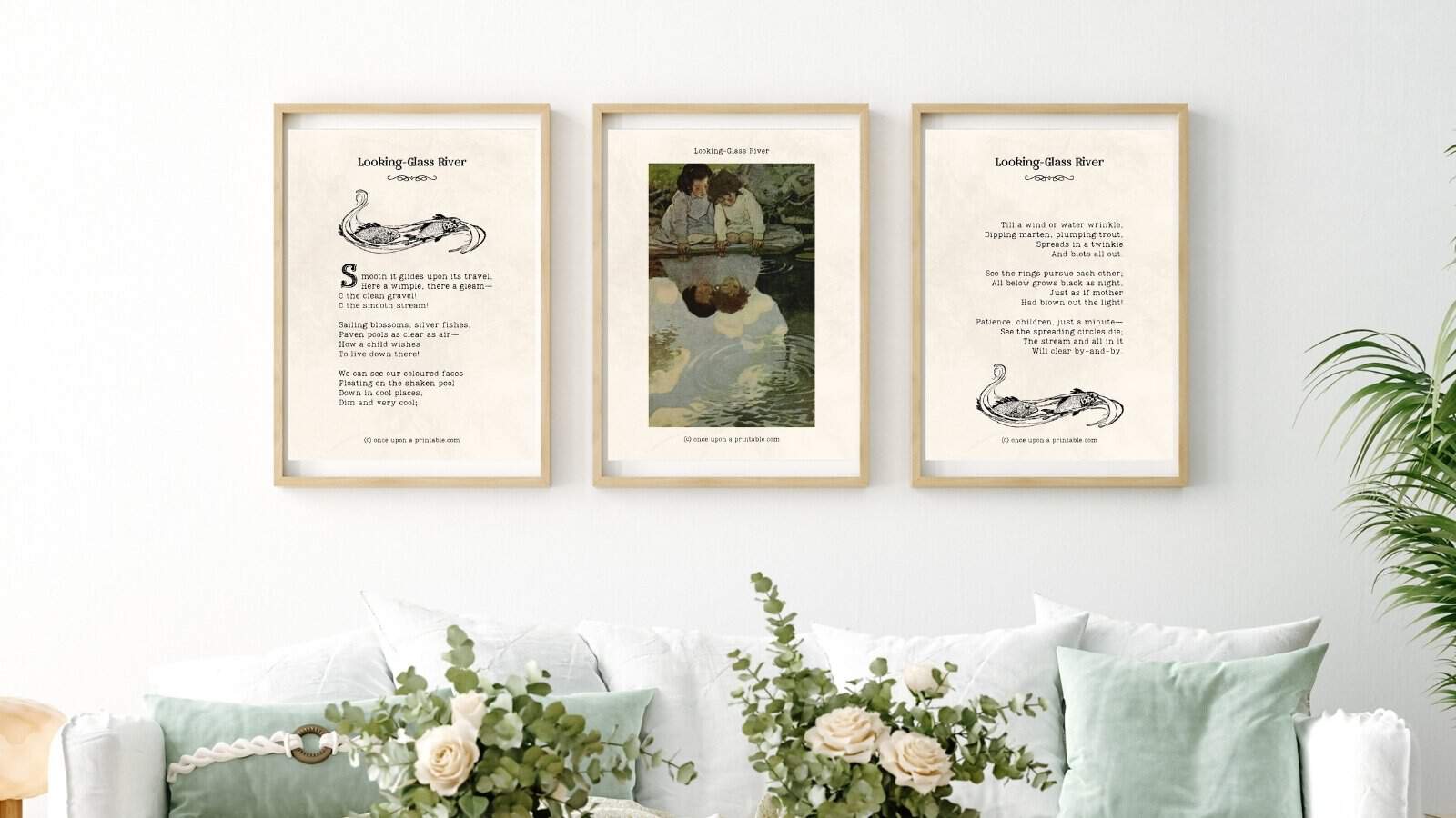 A collection of three printables of a single poem from A Child's Garden of Verses illustrated by Jesse willcox smith framed and displayed on a wall. 