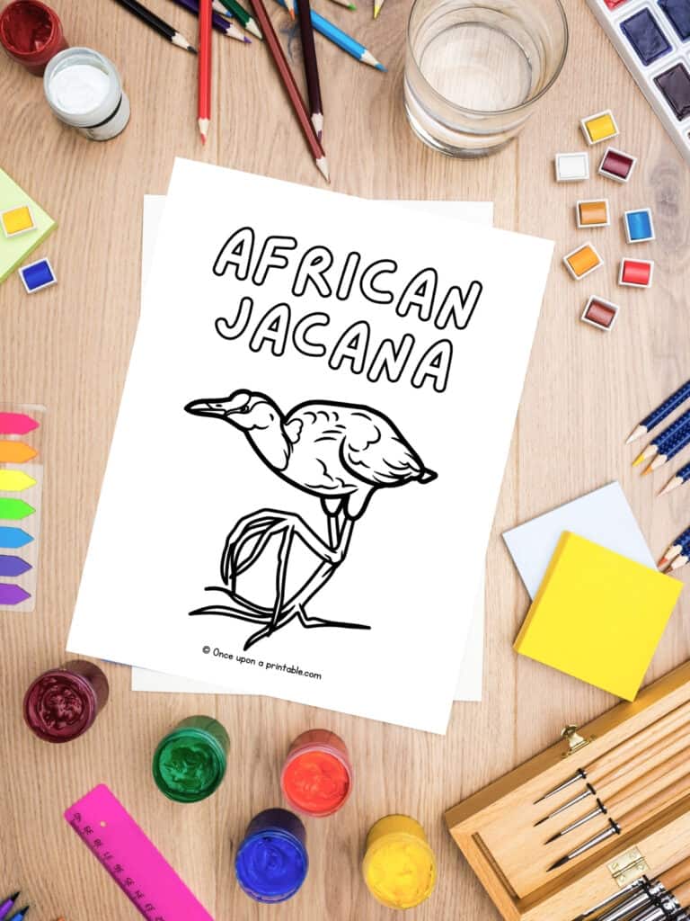 A is for African Jacana coloring page laying on a wooden table with art supplies like paints and coloring pencils.
