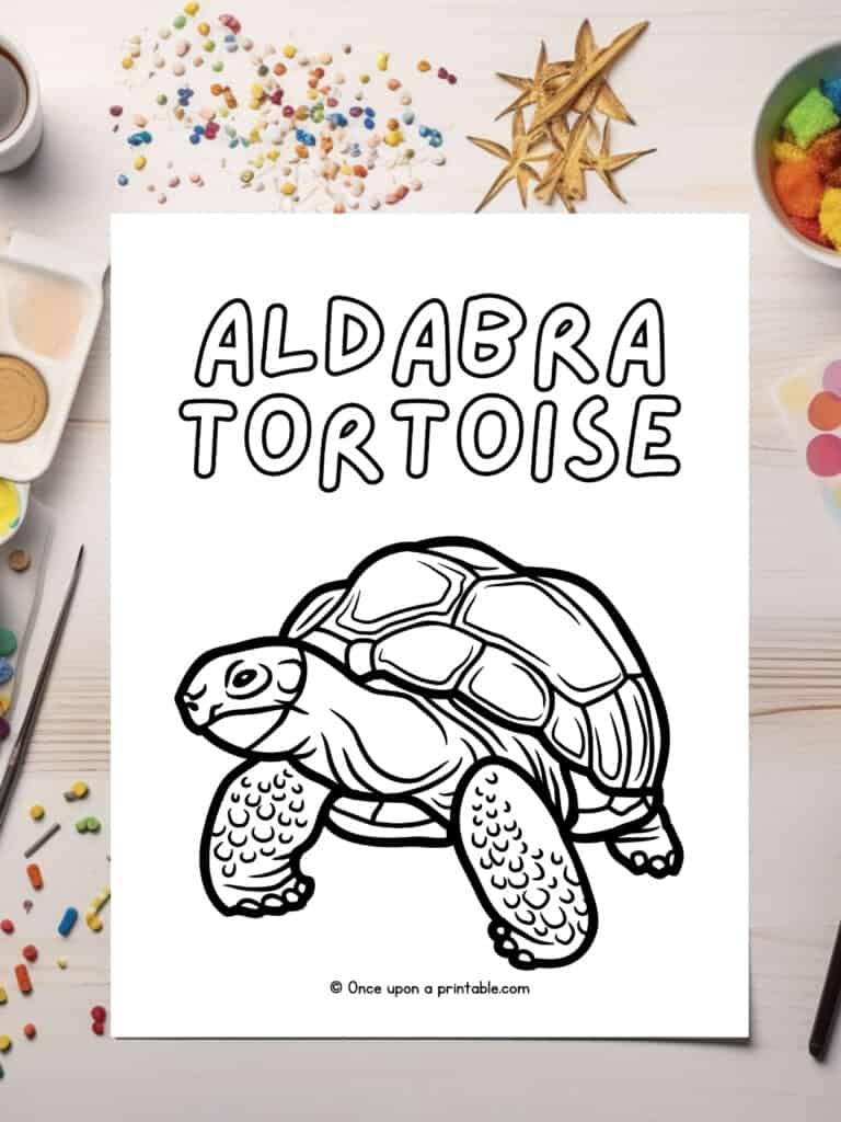 A is for Aldabra Tortoise coloring page laying on a table with coloring supplies.