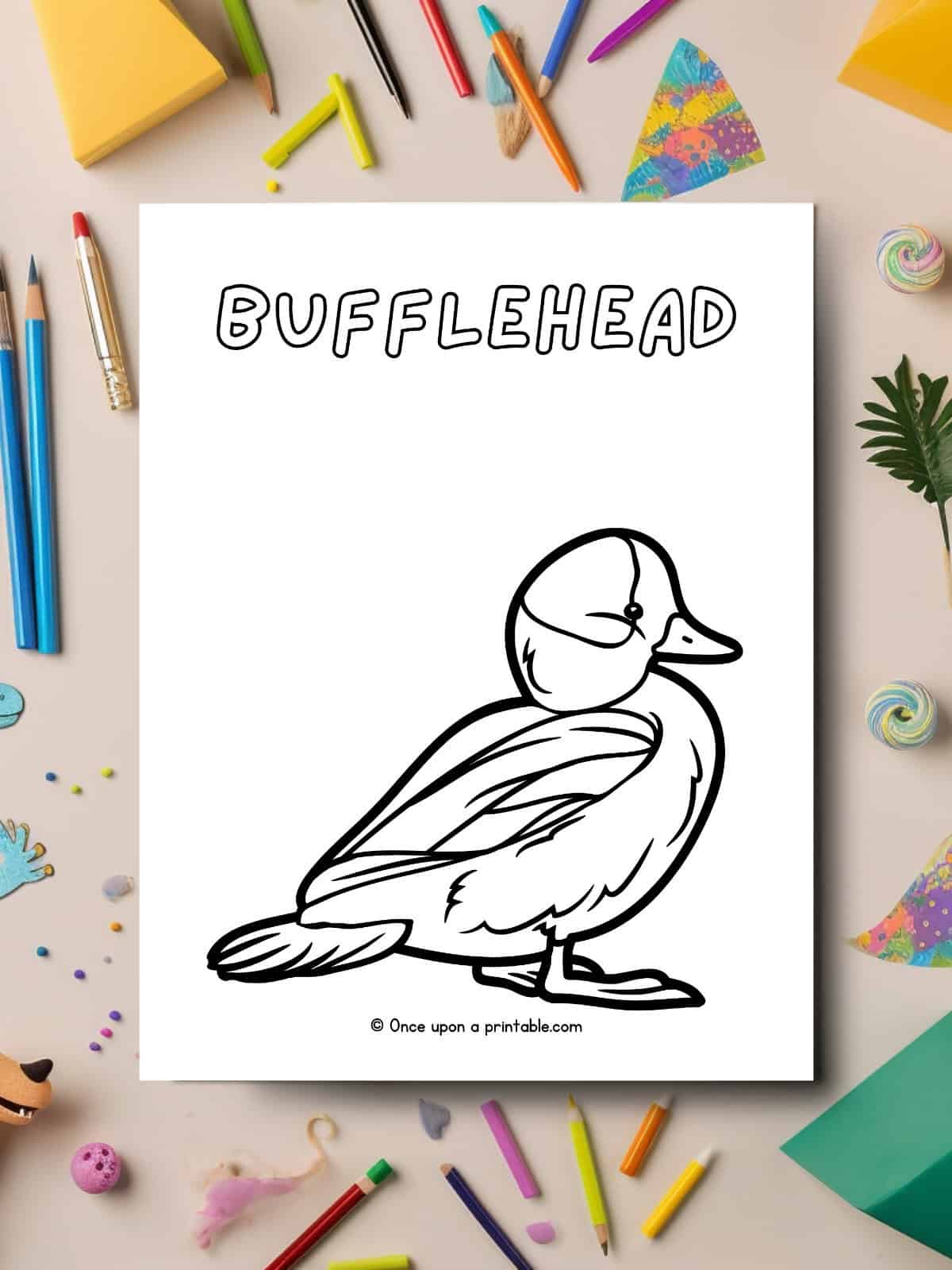 B is for Bufflehead duck laying on a table with art supplies strewn about.