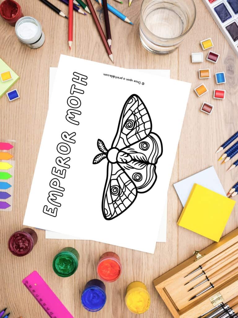 E is for emperor moth animal coloring page laying on a table full of coloring supplies. 