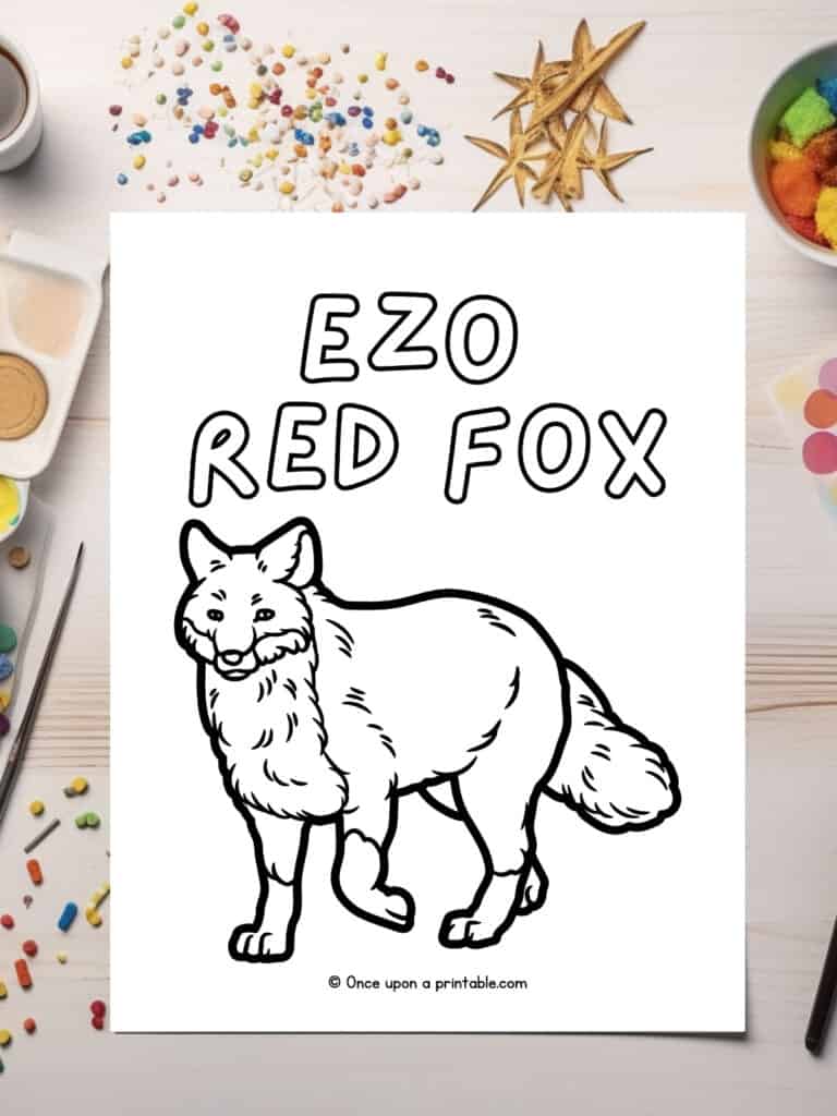 E is for Ezo red fox coloring page laying on a table with glitter. 