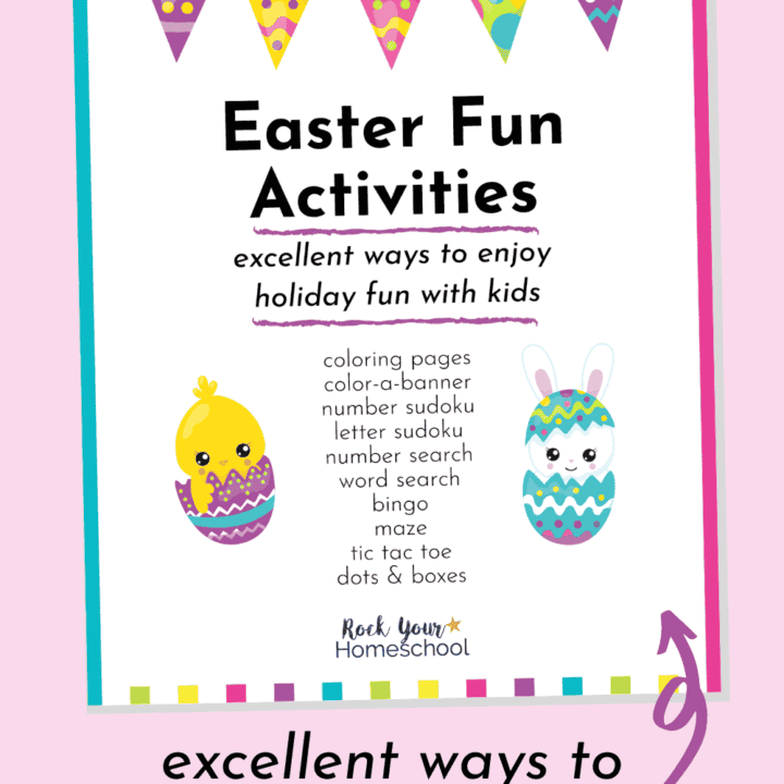 Easter activities pack with fun easter graphics in pink, blue, and yellow.