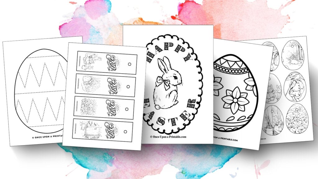 Easter activities for kids and adults printables with eggs, bunnies, and bookmarks.