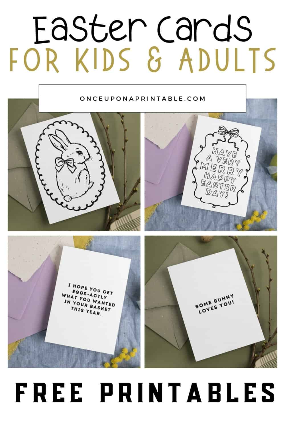 Easter cards for kids and adults with easter bunnies and fun coloring elements.