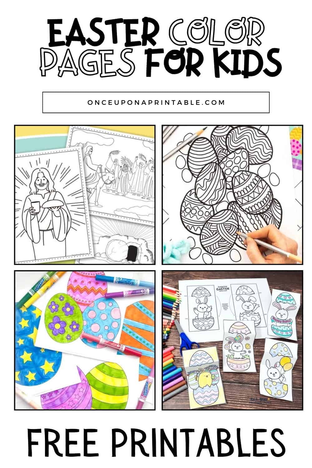 Free Printable Easter coloring pages for kids and adults with easter eggs and bunny rabbits.