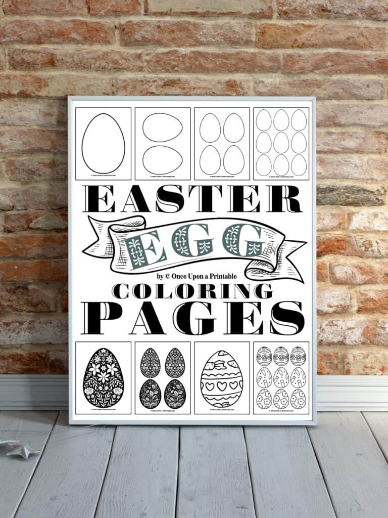 Easter egg coloring pages for kids and adults cover page framed and sitting on a brick wall.