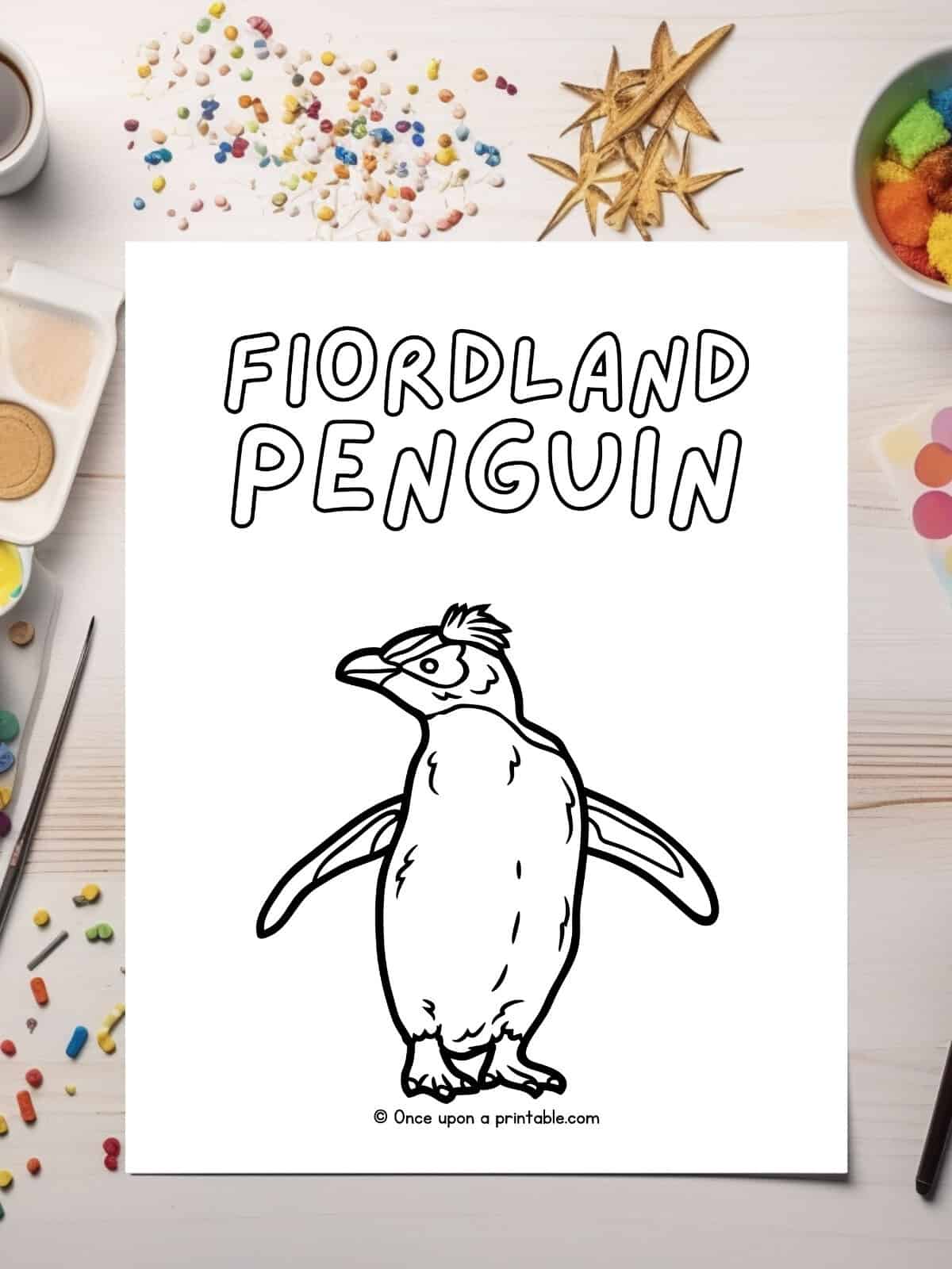 F is for Fiordland penguin coloring sheet laying on a table. 