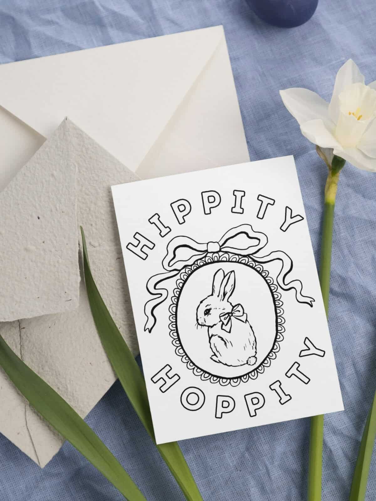 Hippity hoppity happy easter card with easter bunny on the front.