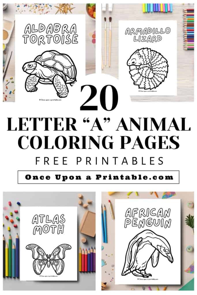 20 Letter A animal coloring pages laying on tables with coloring supplies.