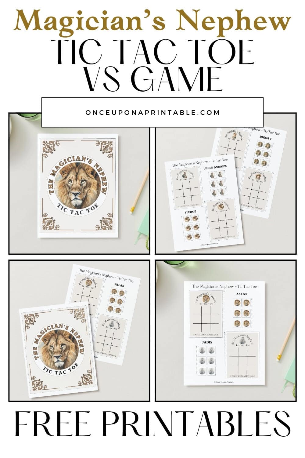 Magician's nephew tic tac toe game card pages laying on white surfaces. 