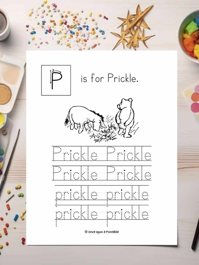 P is for Prickle, illustrated word tracing page with classic Winnie the Pooh and Eeyore.