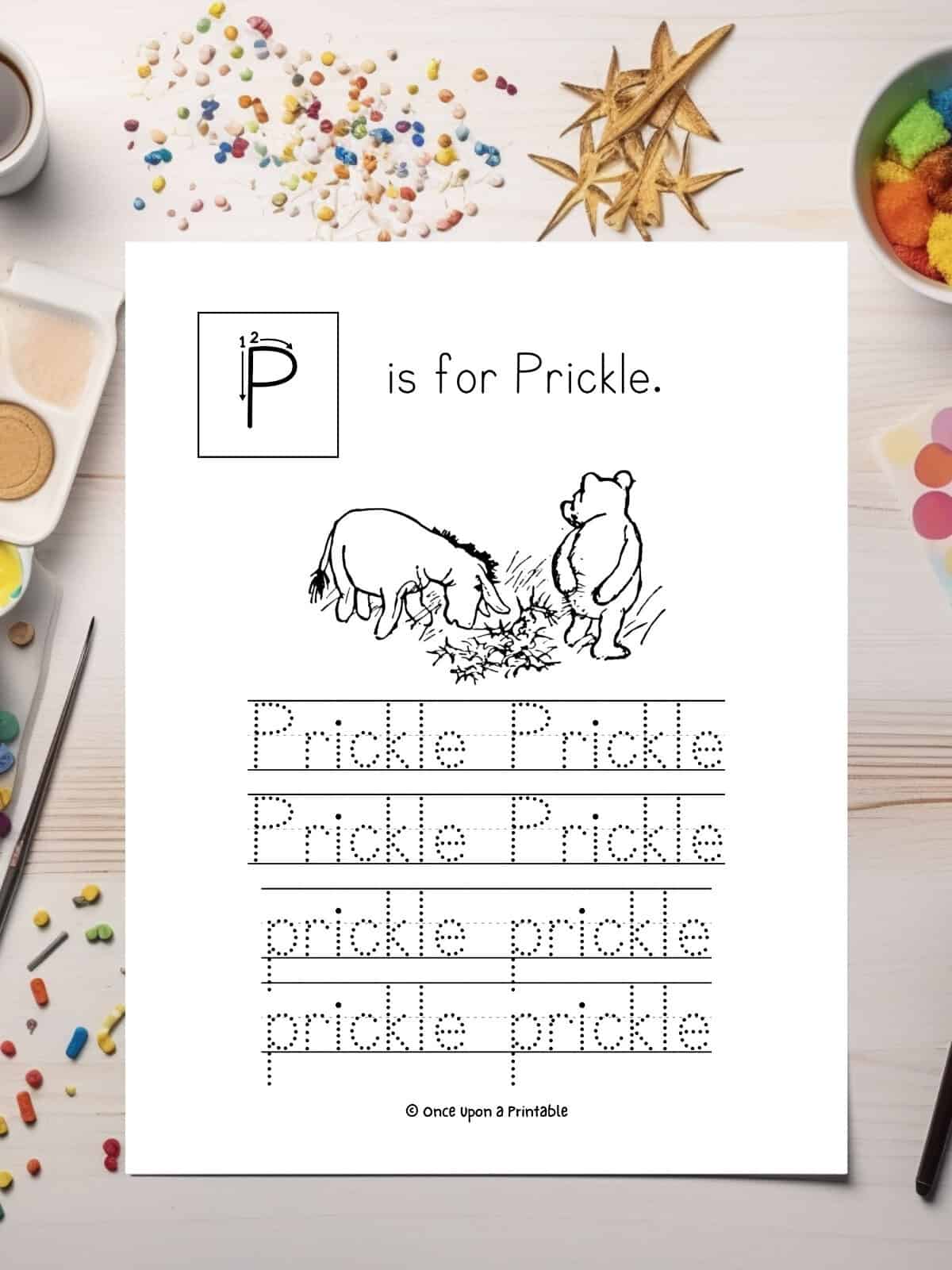 P is for Prickle, illustrated word tracing page with classic Winnie the Pooh and Eeyore.
