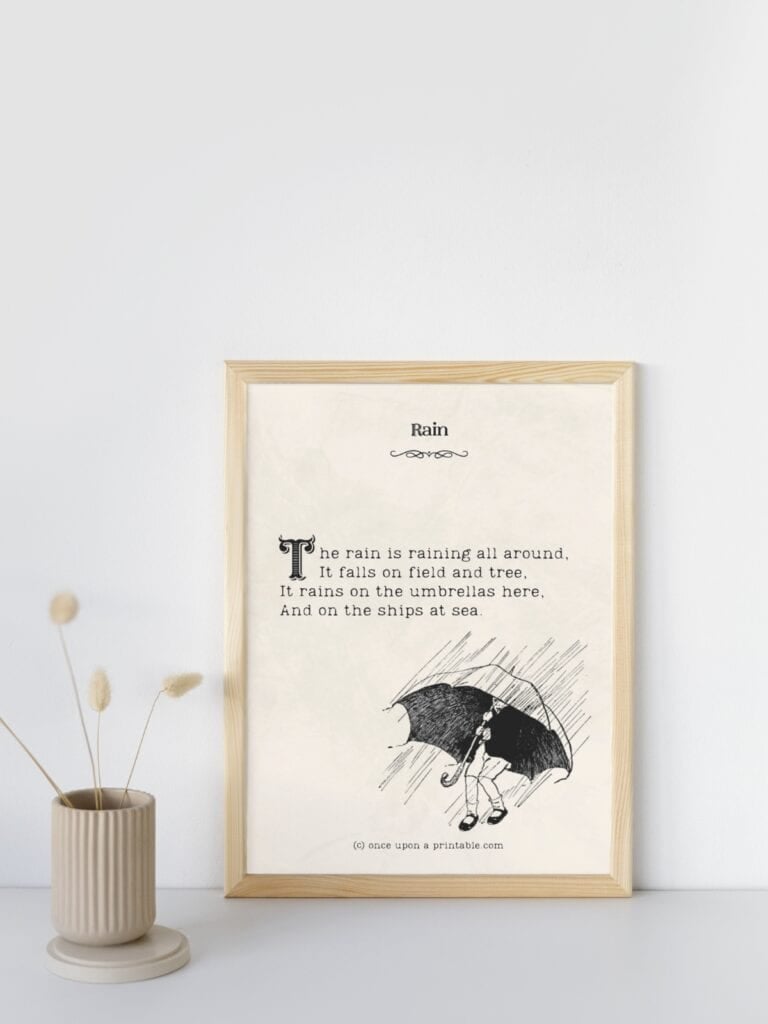 Rain illustrated poem of Robert Louis Stevenson's "A Child's Garden of Verses" book with a black and white illustration.