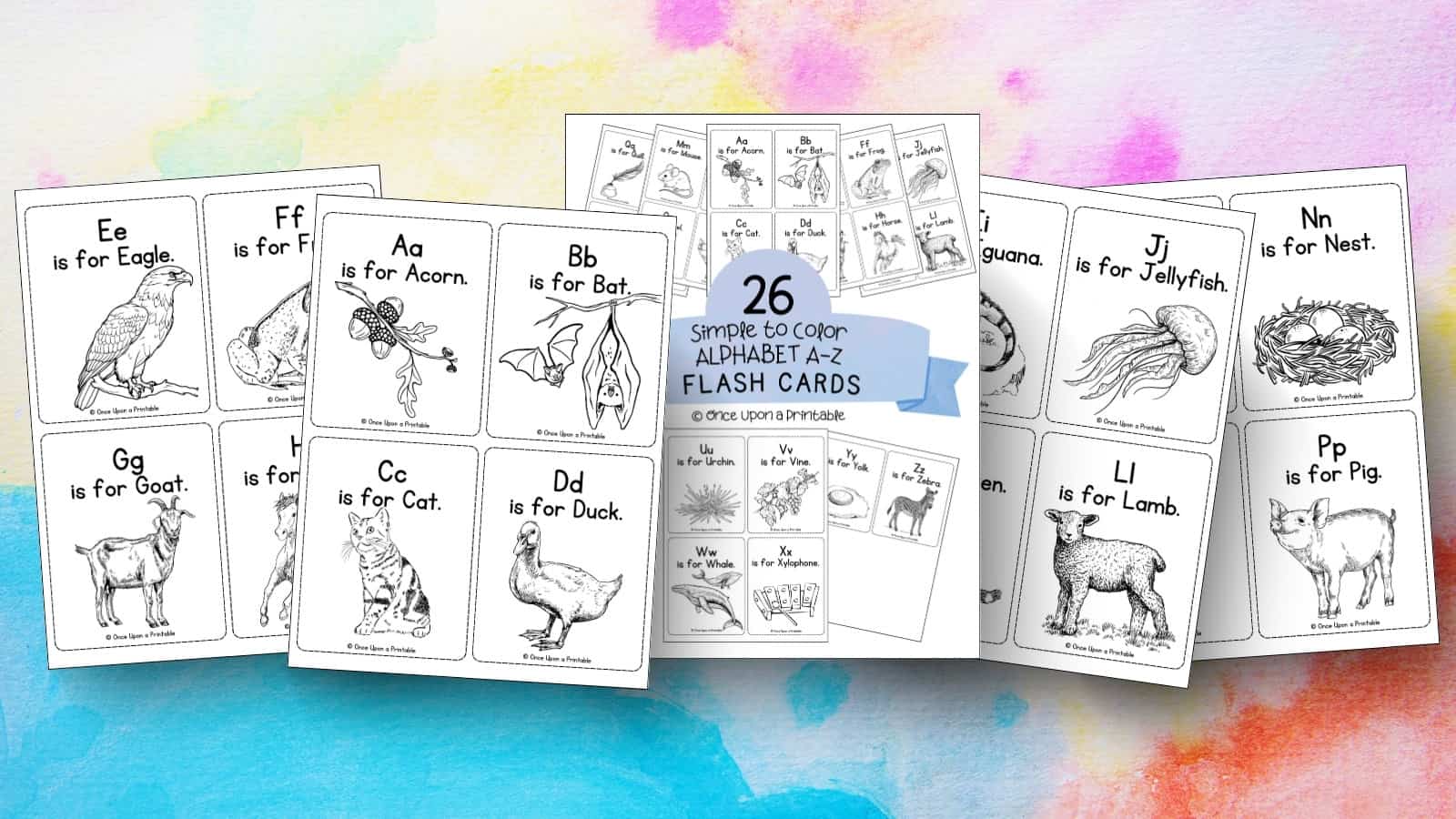 Simple alphabet coloring flashcards laying on a rainbow colored background.