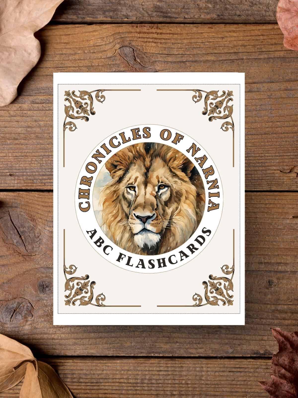 A cover page for Chronicles of Narnia flashcards with Aslan the lion in watercolor. 