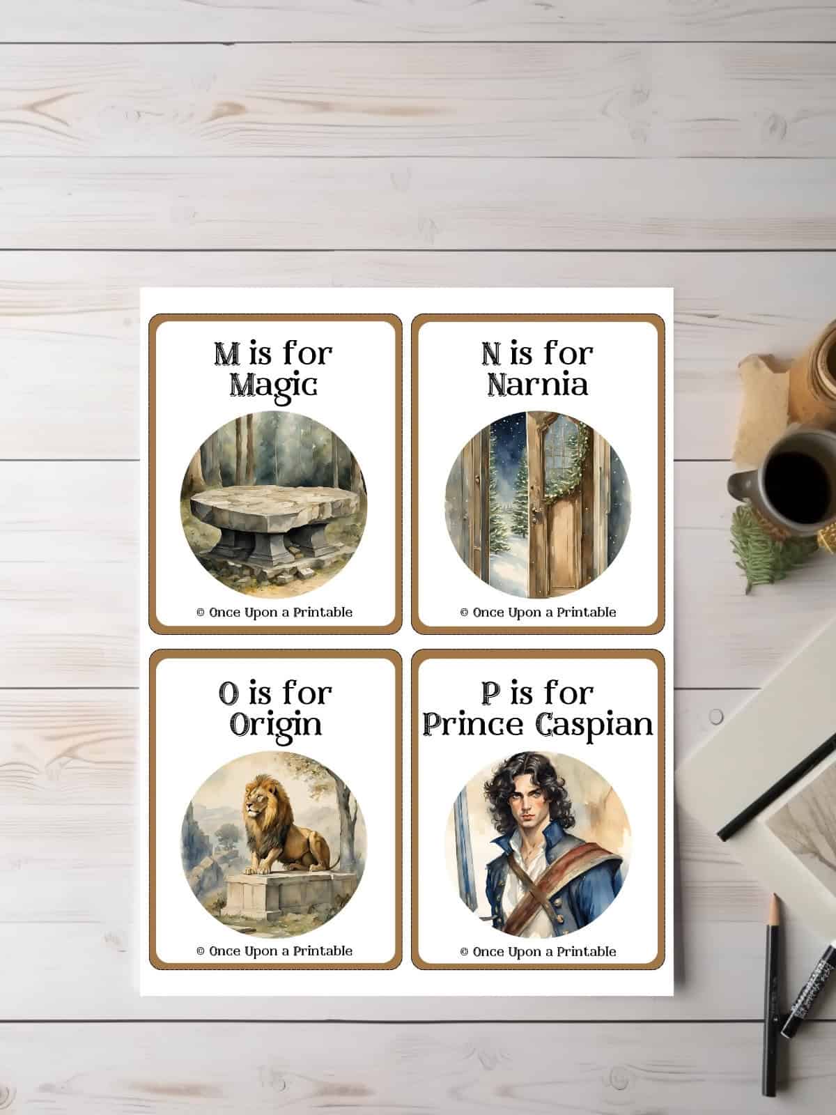 The Chronicles of Narnia inspired flash card printables with watercolor graphics of lions, children, and other iconic figures of the story.