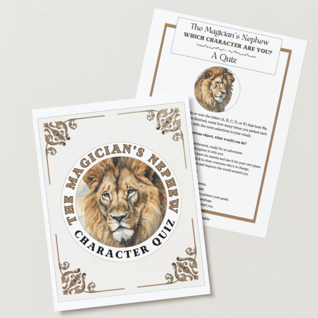The Chronicles of Narnia, the Magician's Nephew character quiz with Aslan the lions face on the front.