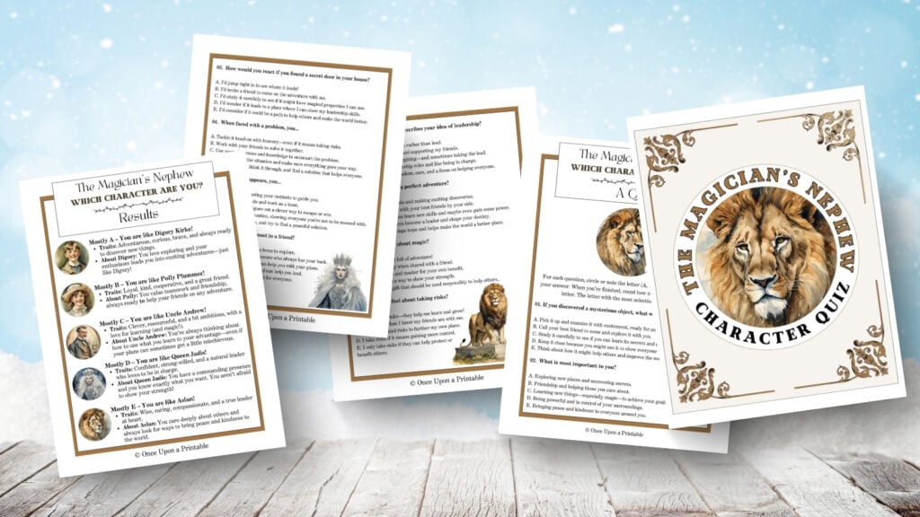 The Magician's Nephew character quiz free printable pages laying on a white table with snow in the background. 