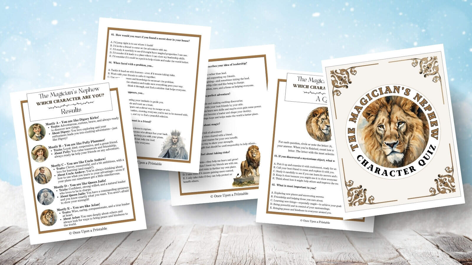 The Magician's Nephew character quiz free printable pages laying on a white table with snow in the background. 