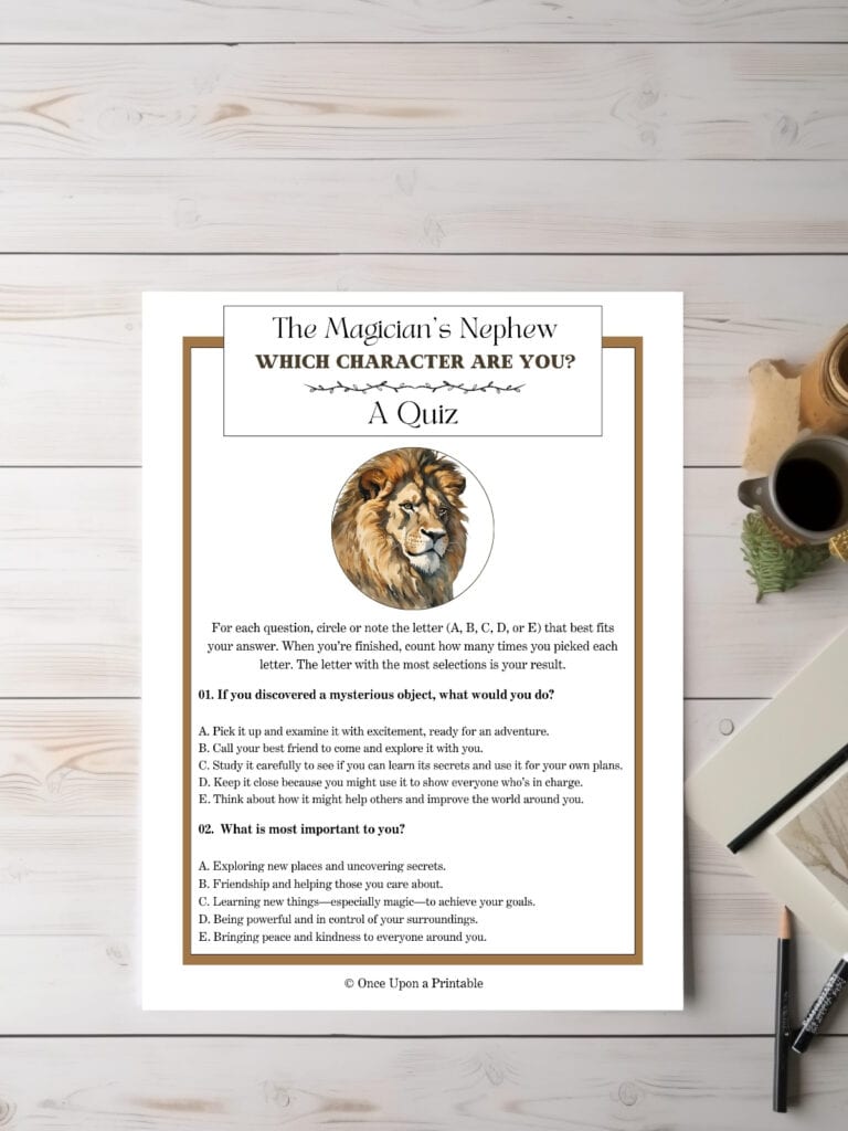 The Magician's nephew character quiz first page with Aslan the lions face on the front. 
