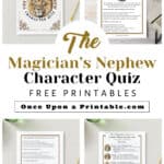 Four pages of the Magician's nephew character quiz laying on a white table.