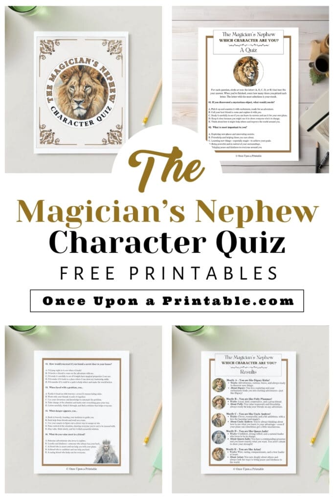 Four pages of the Magician's nephew character quiz laying on a white table. 