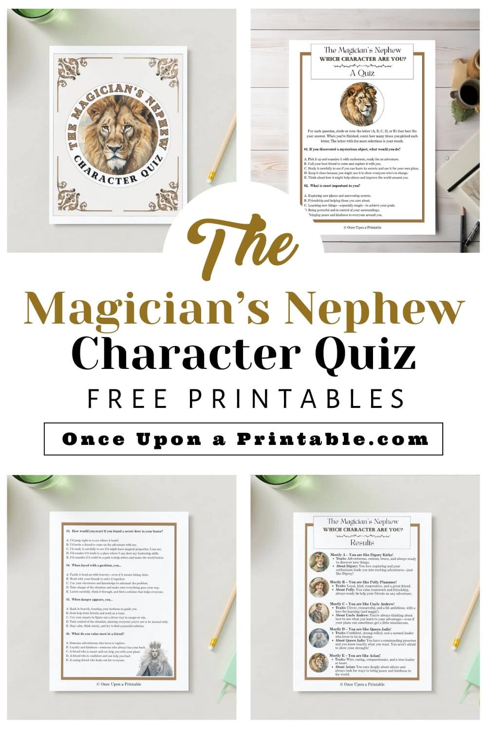 Four pages of the Magician's nephew character quiz laying on a white table. 