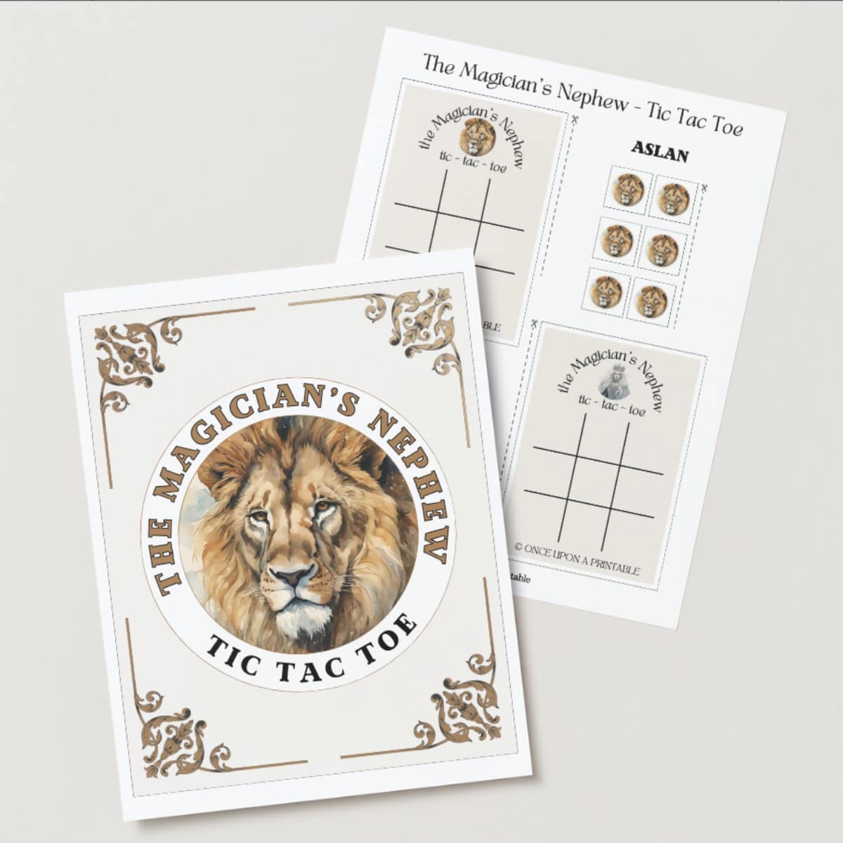 The Magician's nephew tic tac toe featured image with Aslan the lion laying on a table on the cover,