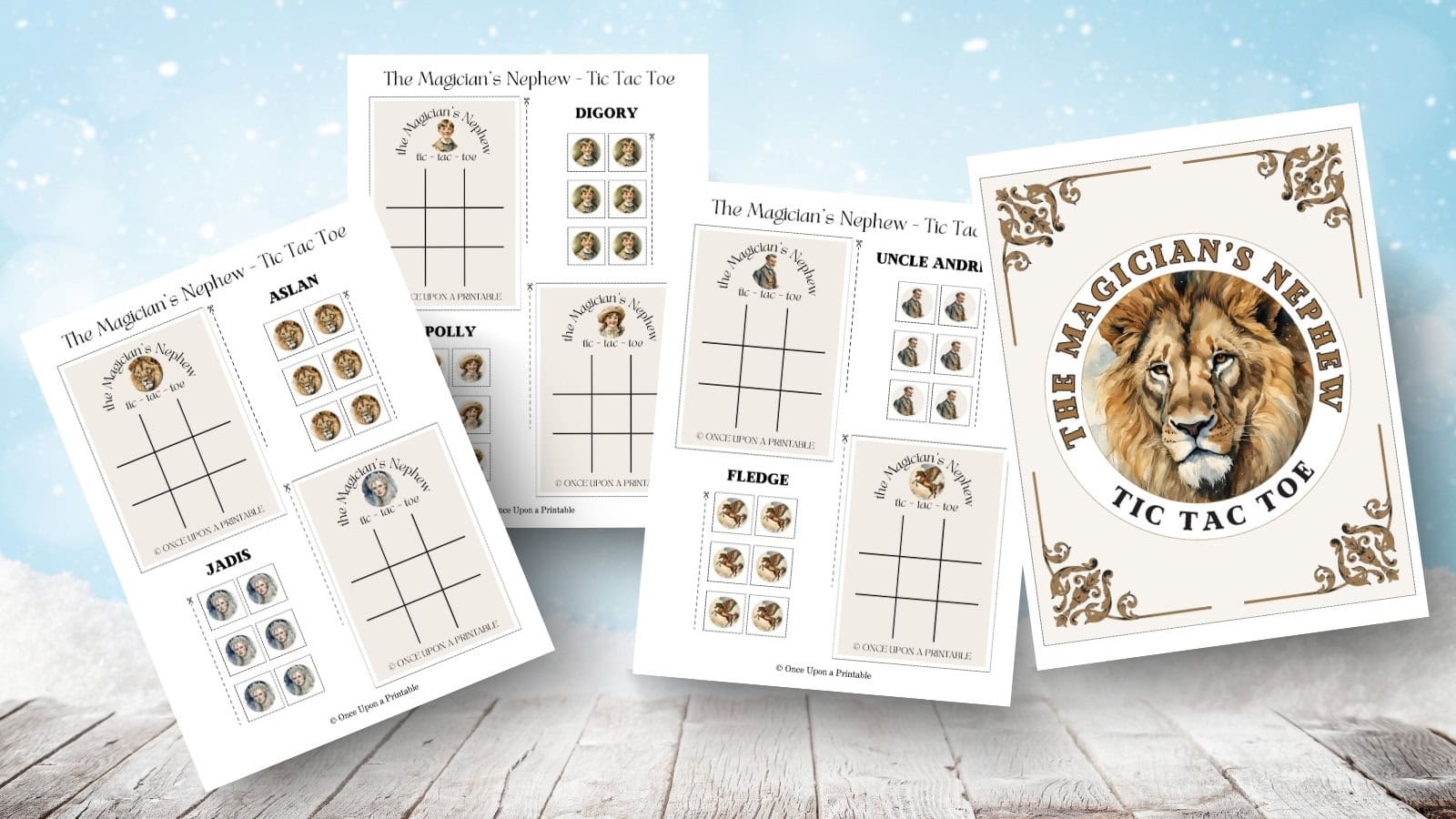Magician's nephew tic tac toe game printables laying on a white plank wood with blue sky and snow behind it.