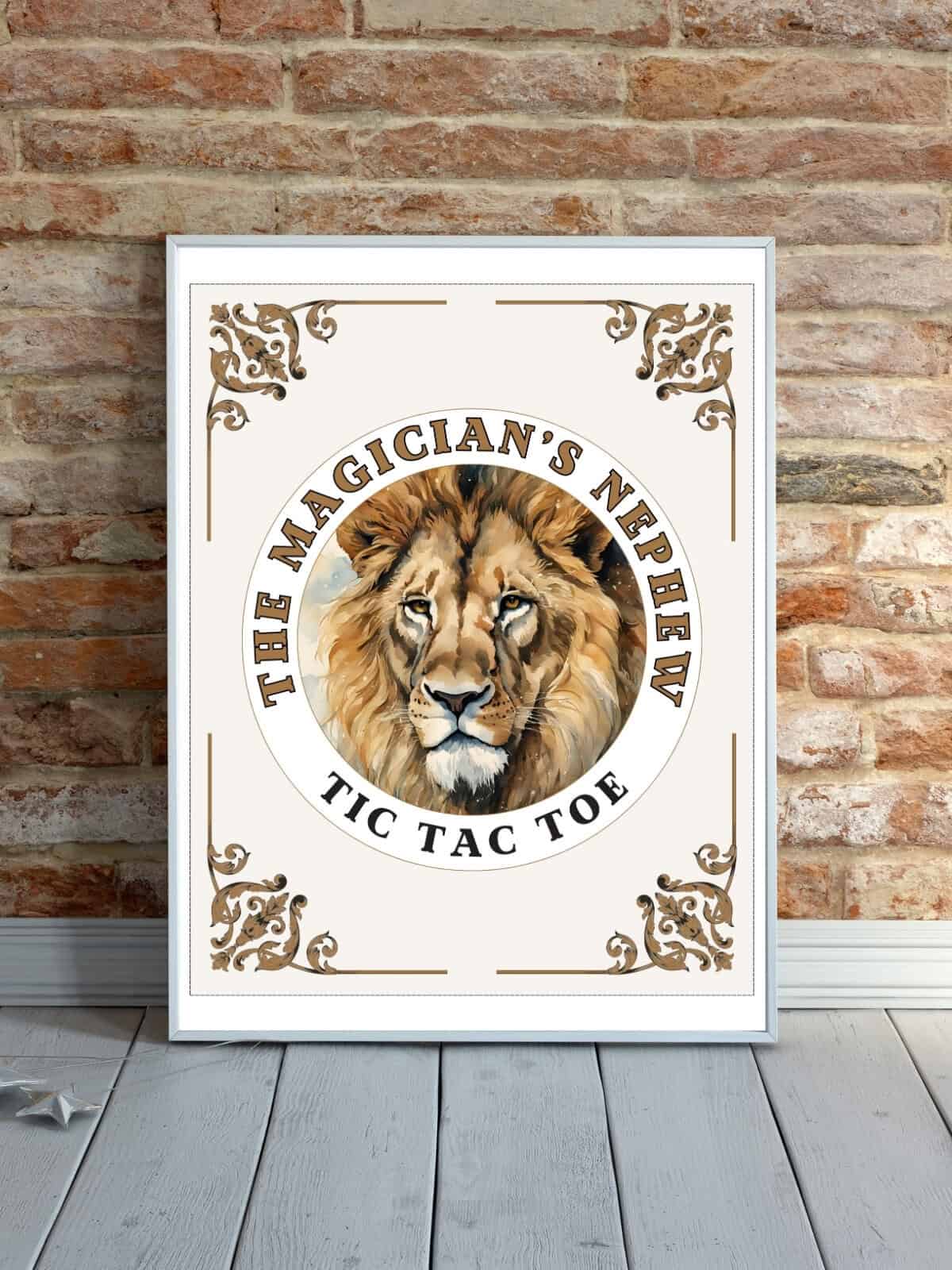 A watercolor lion, Aslan, Magician's nephew tic tac toe cover page framed and sitting in front of a brick wall. 